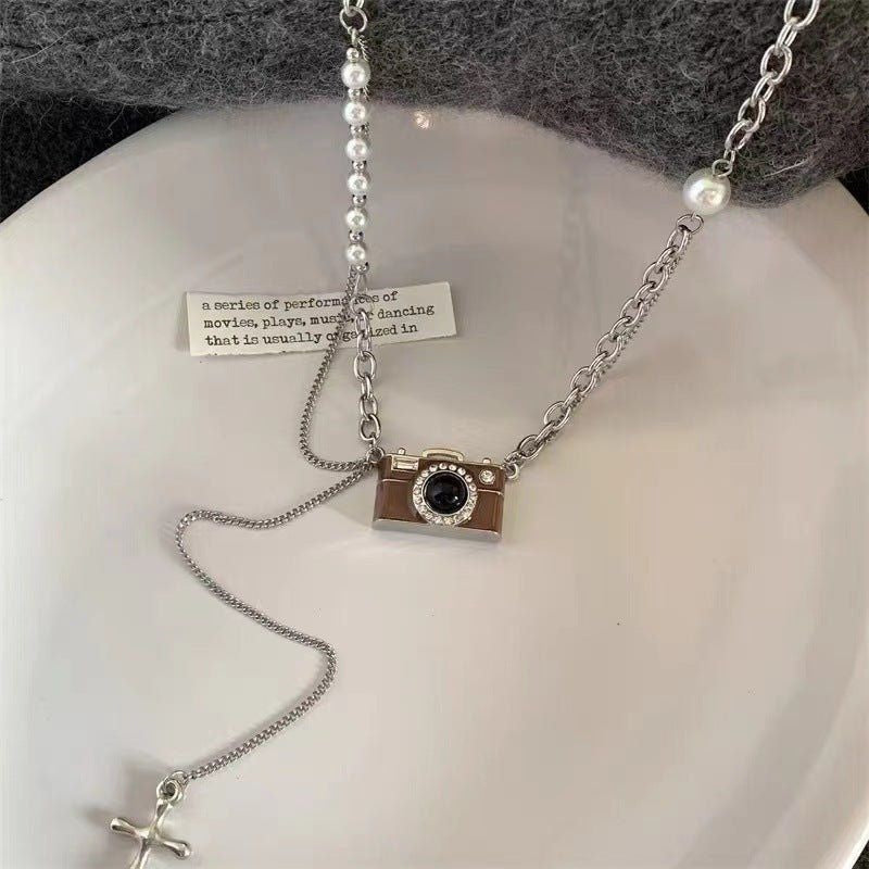 Fashion Retro Coffee Color Camera Necklace Asymmetric - FiS Fashion