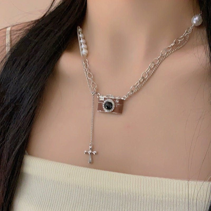 Fashion Retro Coffee Color Camera Necklace Asymmetric - FiS Fashion