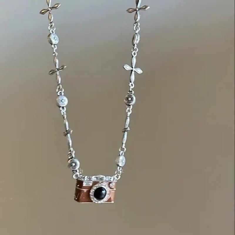 Fashion Retro Coffee Color Camera Necklace Asymmetric - FiS Fashion