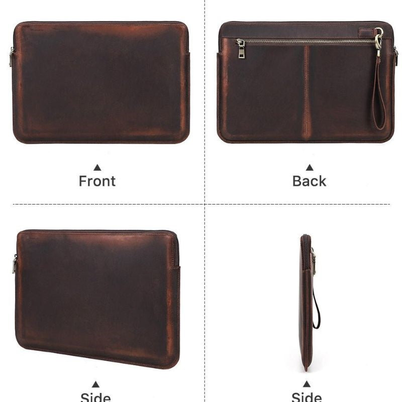 Retro Crazy Horse Leather Notebook Zipper Computer Bag - FiS Fashion
