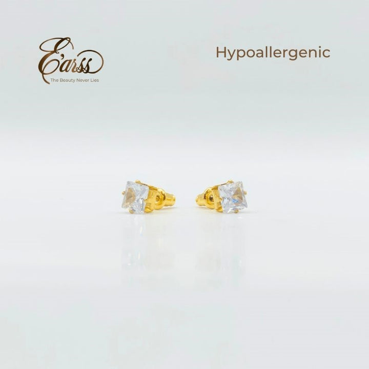 6 mm Cubic Zirconia Square Earrings – Stainless Steel, 18K Gold Plated - FiS Fashion