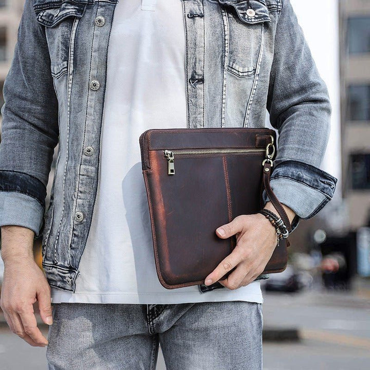 Retro Crazy Horse Leather Notebook Zipper Computer Bag - FiS Fashion