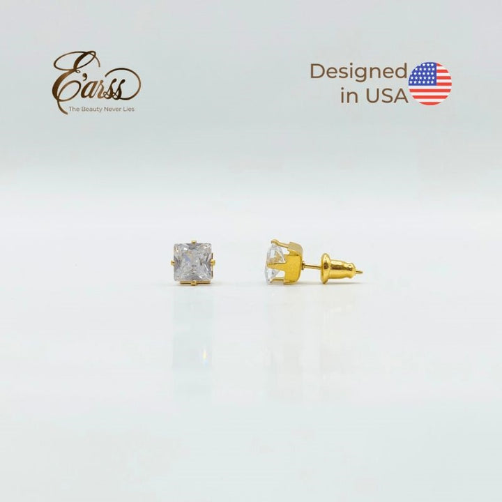 6 mm Cubic Zirconia Square Earrings – Stainless Steel, 18K Gold Plated - FiS Fashion