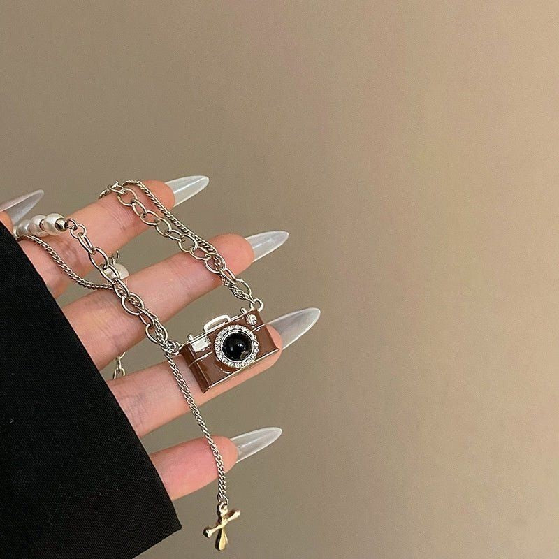 Fashion Retro Coffee Color Camera Necklace Asymmetric - FiS Fashion