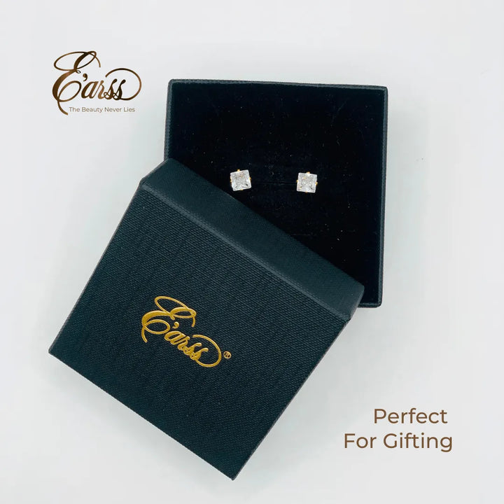 6 mm Cubic Zirconia Square Earrings – Stainless Steel, 18K Gold Plated