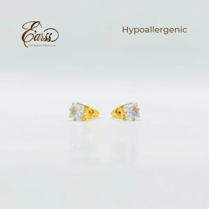6 mm Cubic Zirconia Square Earrings – Stainless Steel, 18K Gold Plated