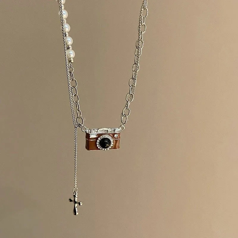 Fashion Retro Coffee Color Camera Necklace Asymmetric