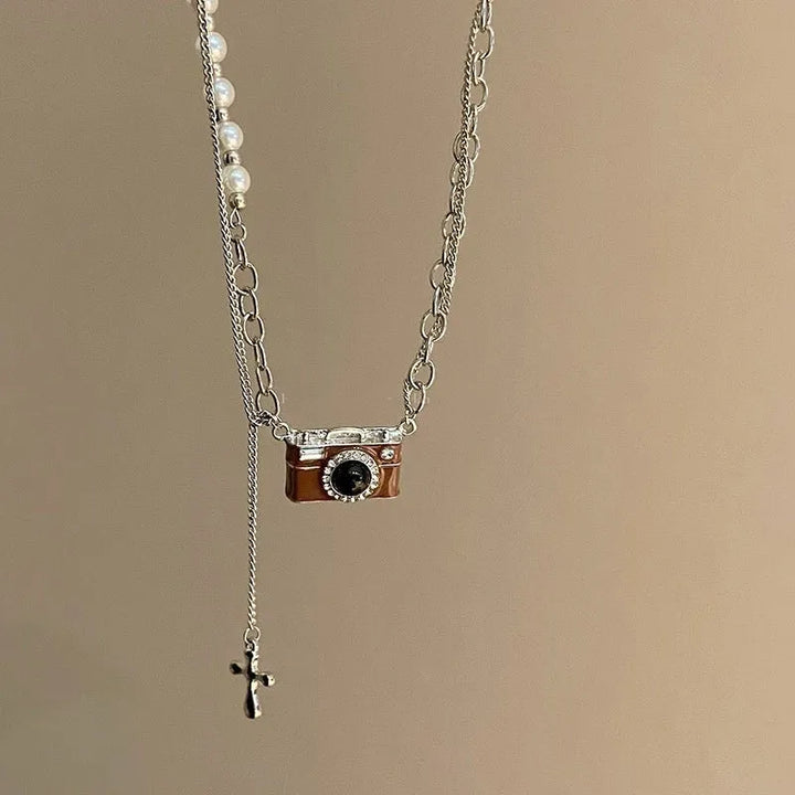 Fashion Retro Coffee Color Camera Necklace Asymmetric