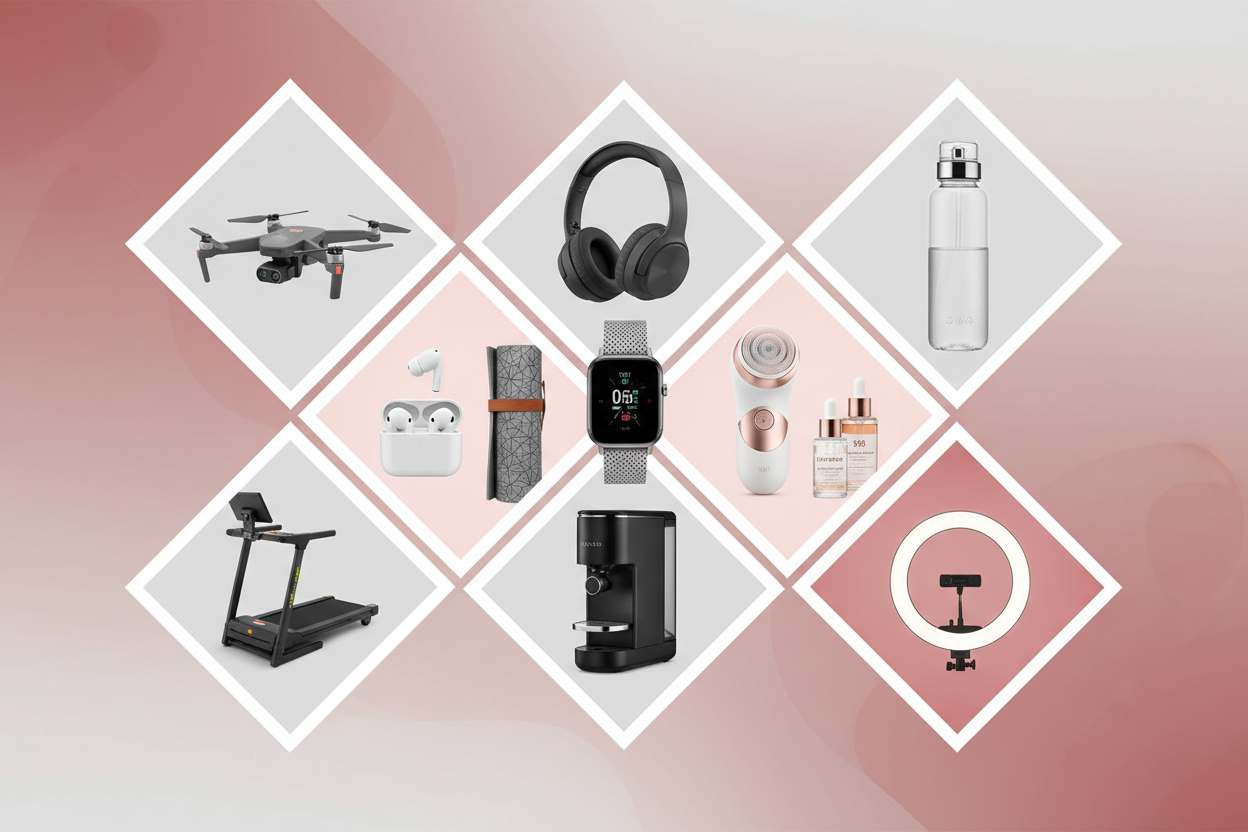 Hyper-realistic e-commerce hero banner collage. Nine high-resolution product images (tech, fitness, beauty) arranged in diamond-shaped panels with thick, soft white borders. Background in subtle, desaturated reddish tones and clean white. Modern, commercial, studio lighting. No text. 16:9 aspect ratio.